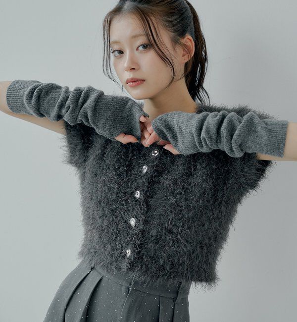  「リブアームウォーマー付シャギー半袖ニット」|ニット・セーター|チャコールグレー