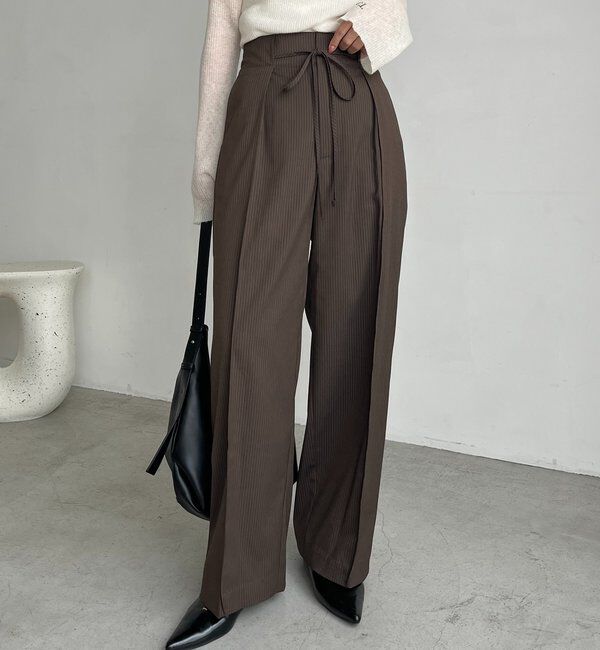  「ウエストリボンストライプパンツ」|チノ|ブラウン