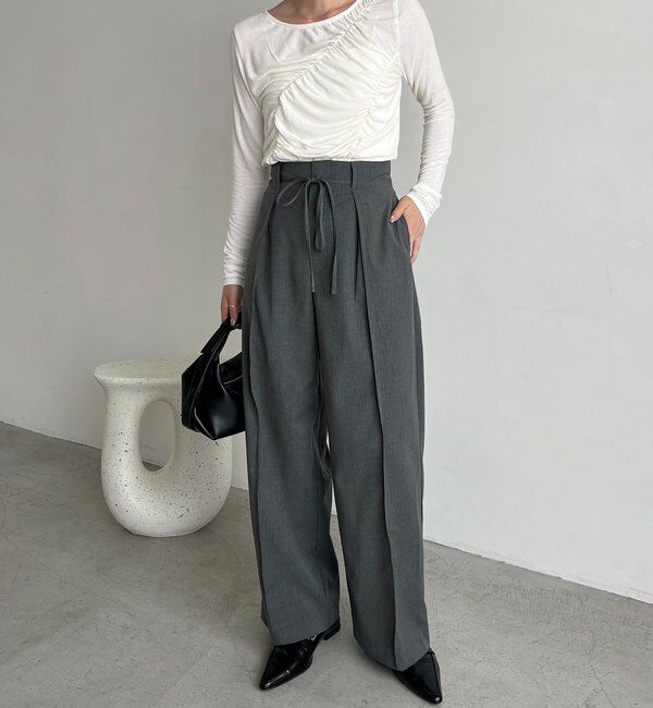  「ウエストリボンストライプパンツ」|チノ|