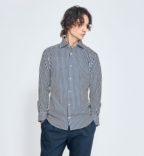 ABAHOUSE「【ON/OFF兼用】360&deg;ストレッチ ロンドンストライプ ワイドカラーシャツ」|シャツ・ブラウス|ネイビー