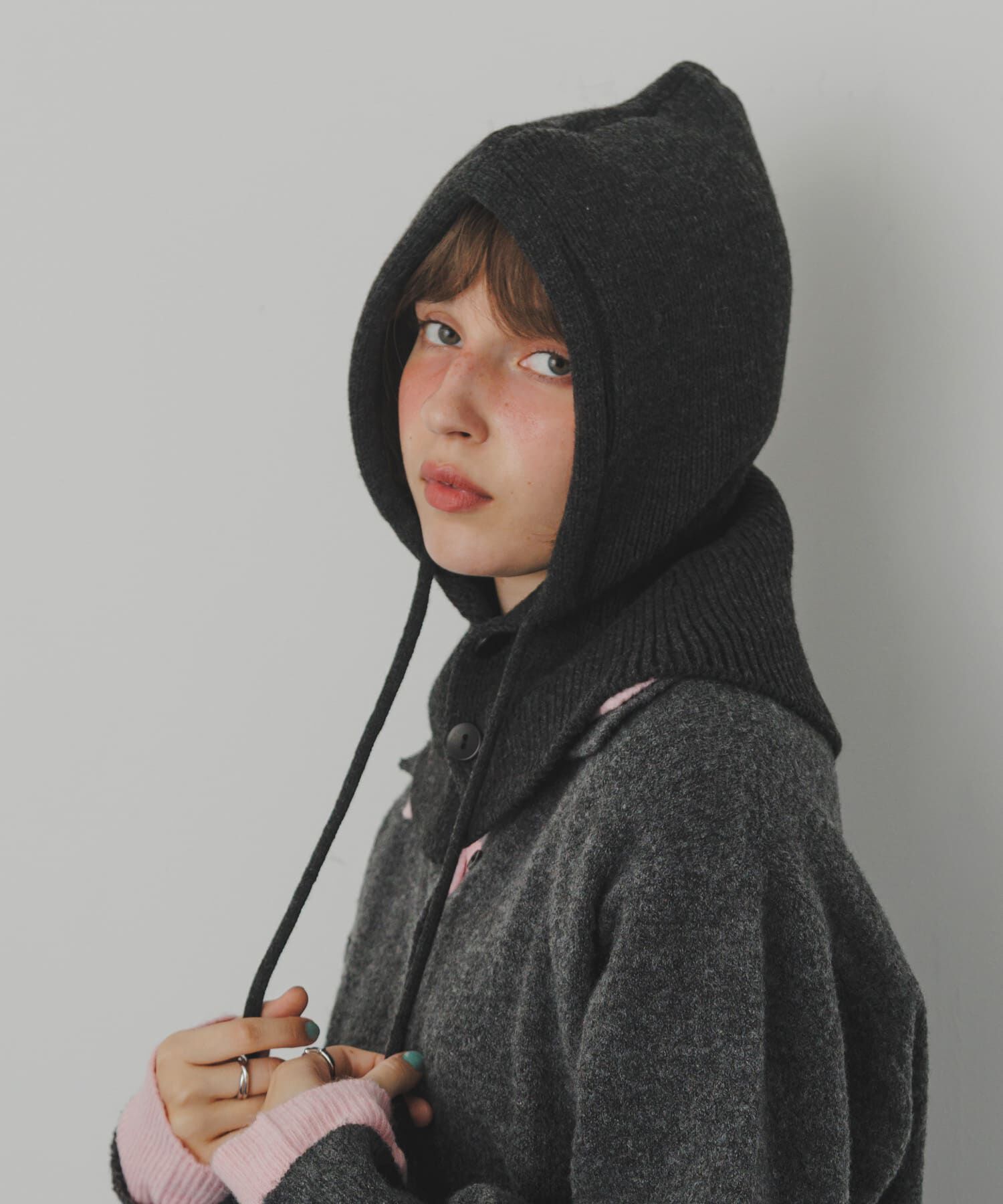 SMELLY「リブニットバラクラバ」|ニット帽|チャコールグレー