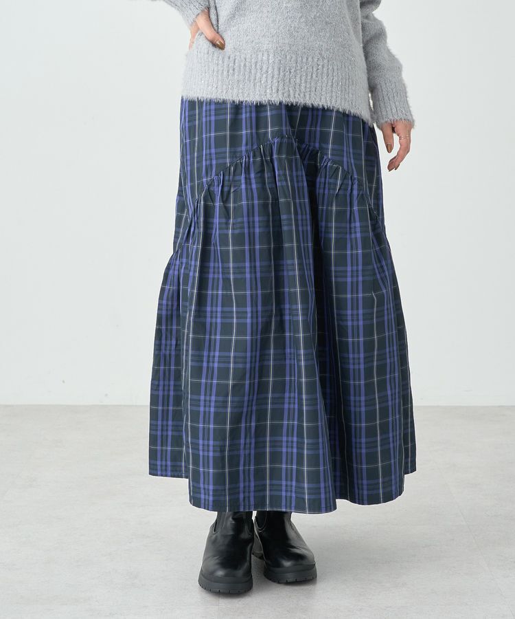 earth music&ecology「メモリータフタチェックスカート」|フレア|Navy