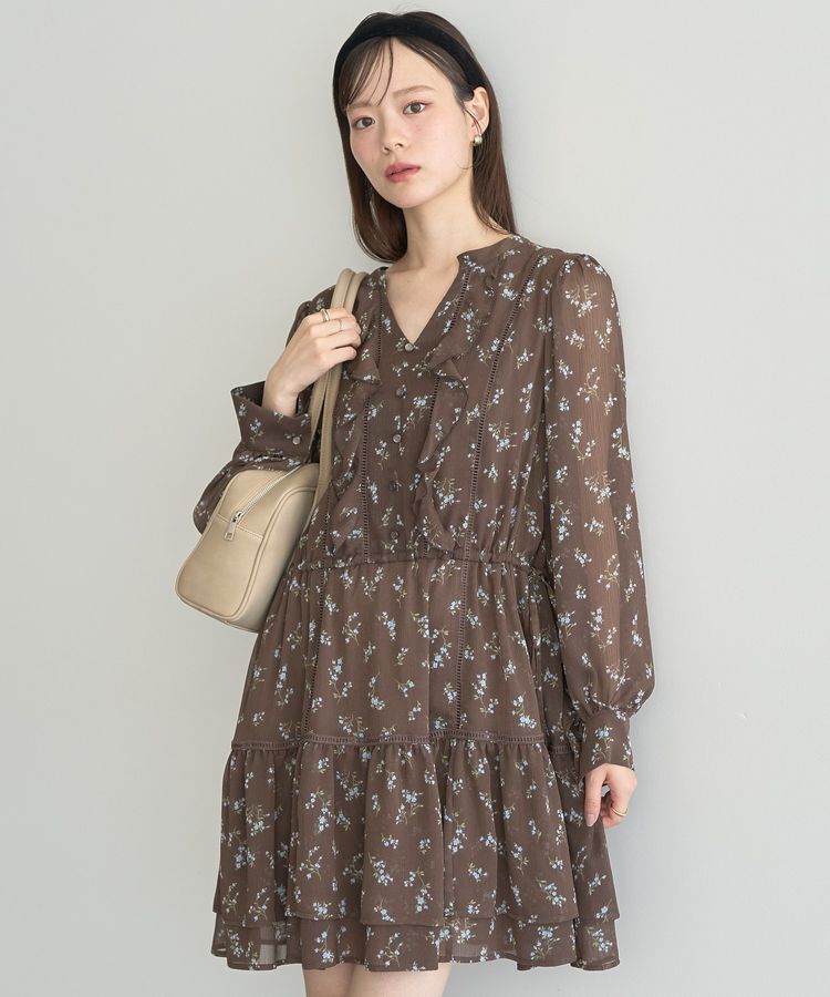 earth music&ecology「フラワー楊柳ティアードミニワンピース」|ワンピース|Brown