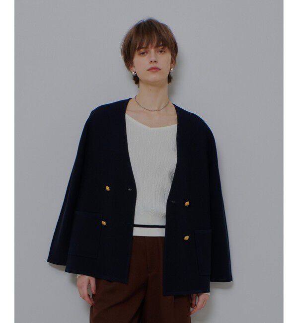 allureville「ガーターノーカラーニットジャケット」|カーディガン|ネイビー