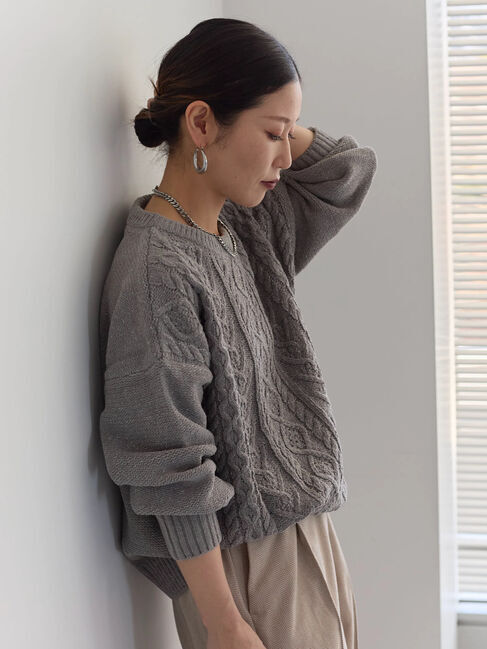 Samansa Mos2 blue「ラメモールケーブルニットプルオーバー」|ニット・セーター|