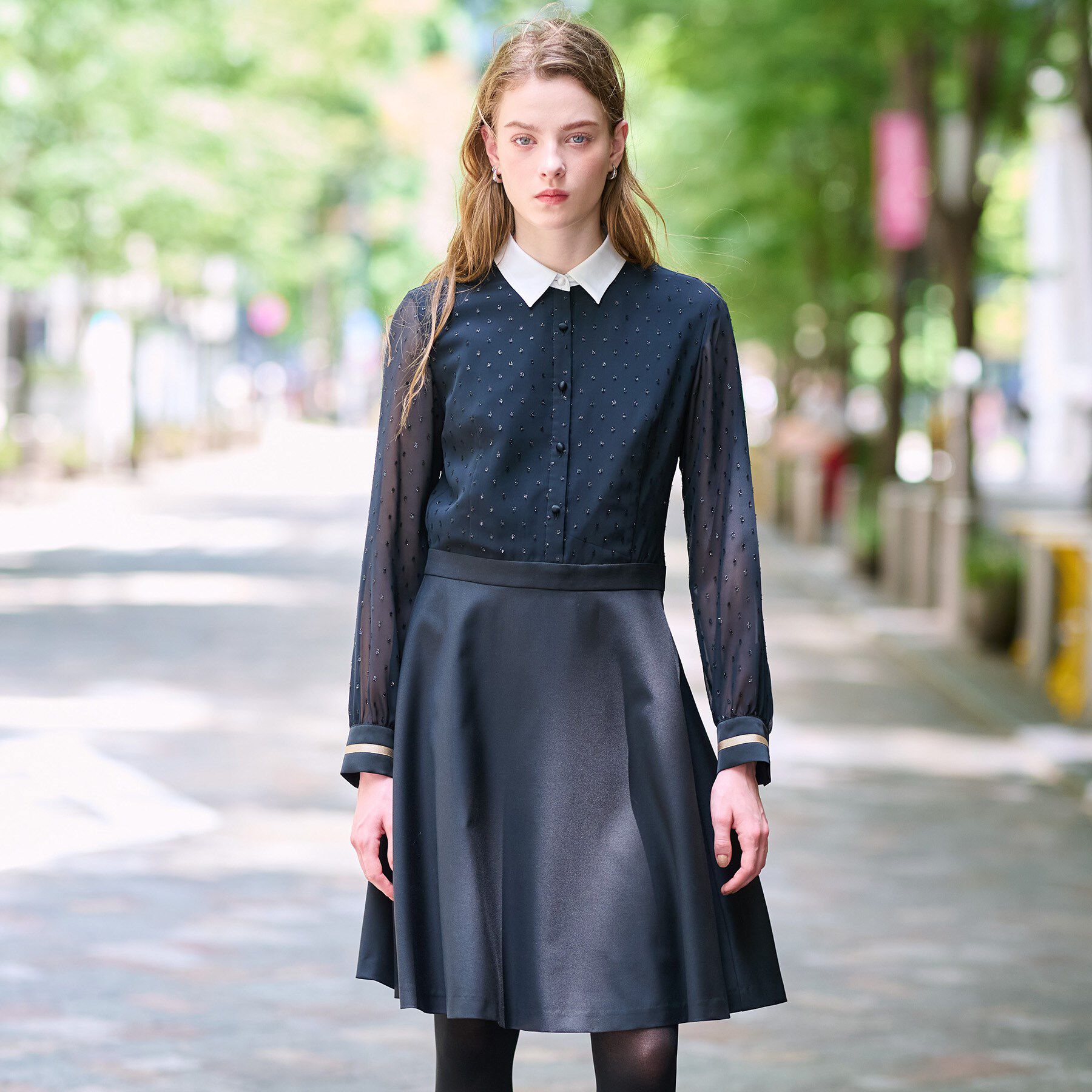 DRESSTERIOR「【洗える/きれいめ】フィルムドットクレリックワンピース」|ワンピース|