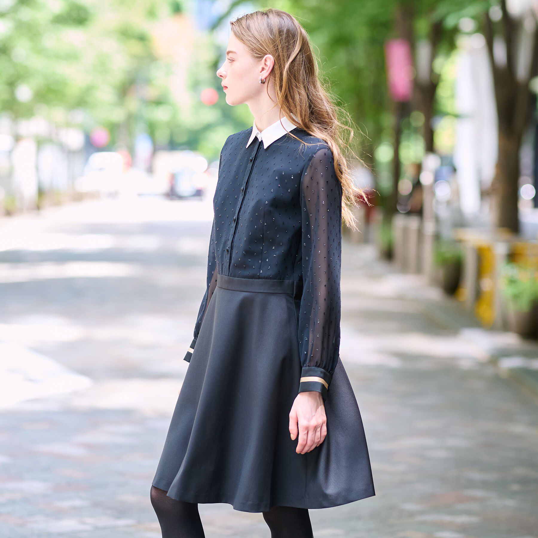 DRESSTERIOR「【洗える/きれいめ】フィルムドットクレリックワンピース」|ワンピース|