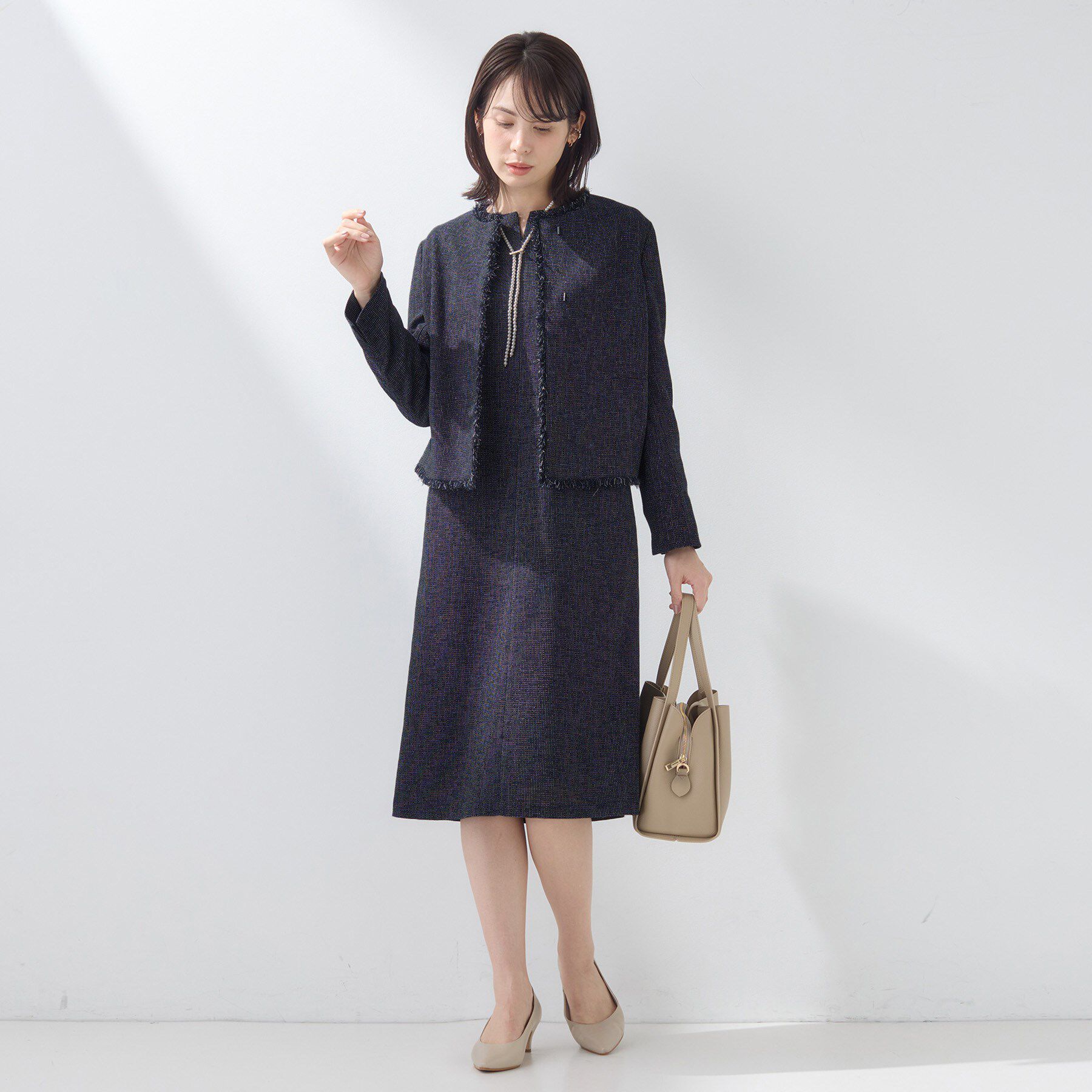 INDIVI「【軽量／セレモニー／SETUP可能】ストレッチツイードAラインワンピース」|ワンピース|