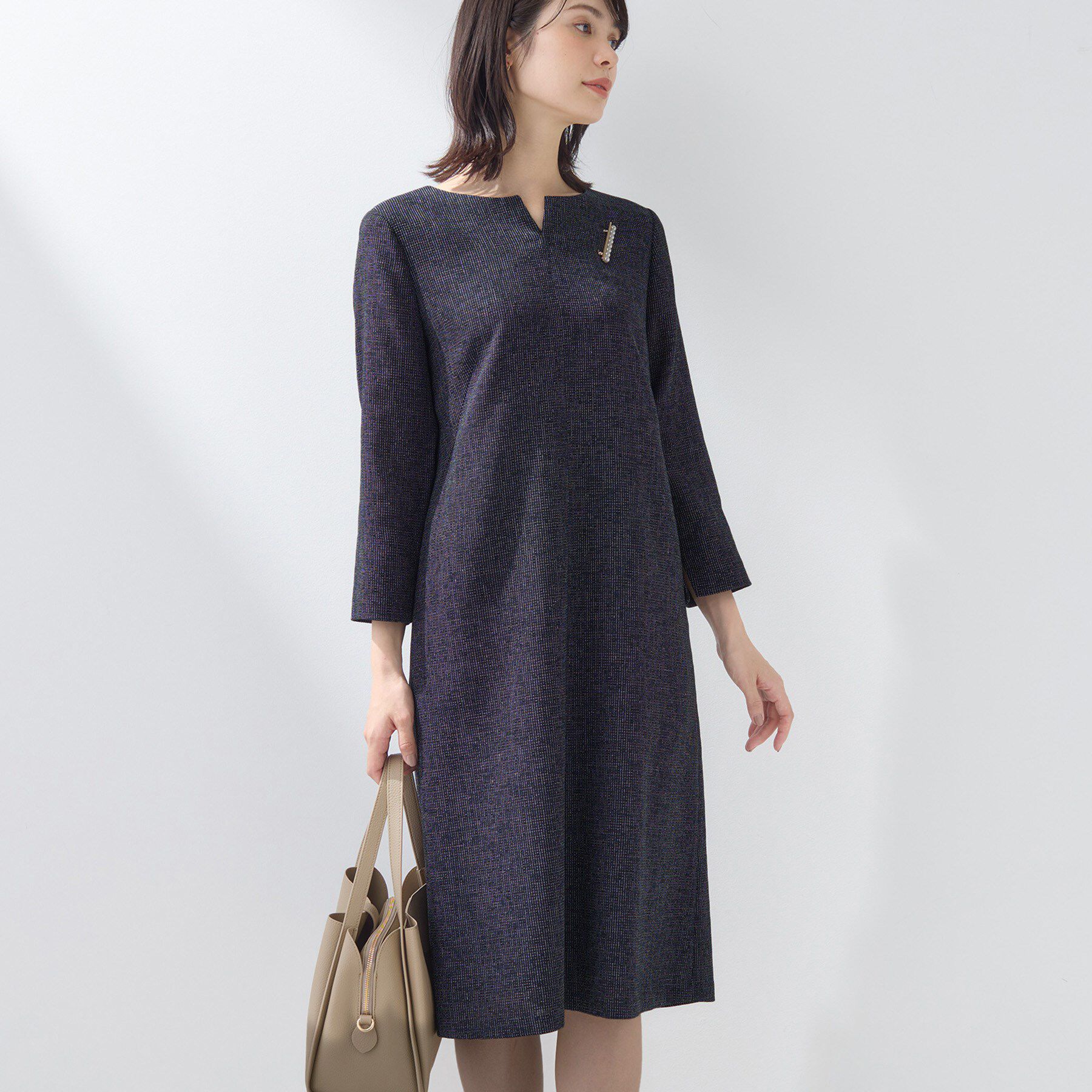 INDIVI「【軽量／セレモニー／SETUP可能】ストレッチツイードAラインワンピース」|ワンピース|ネイビー(494)