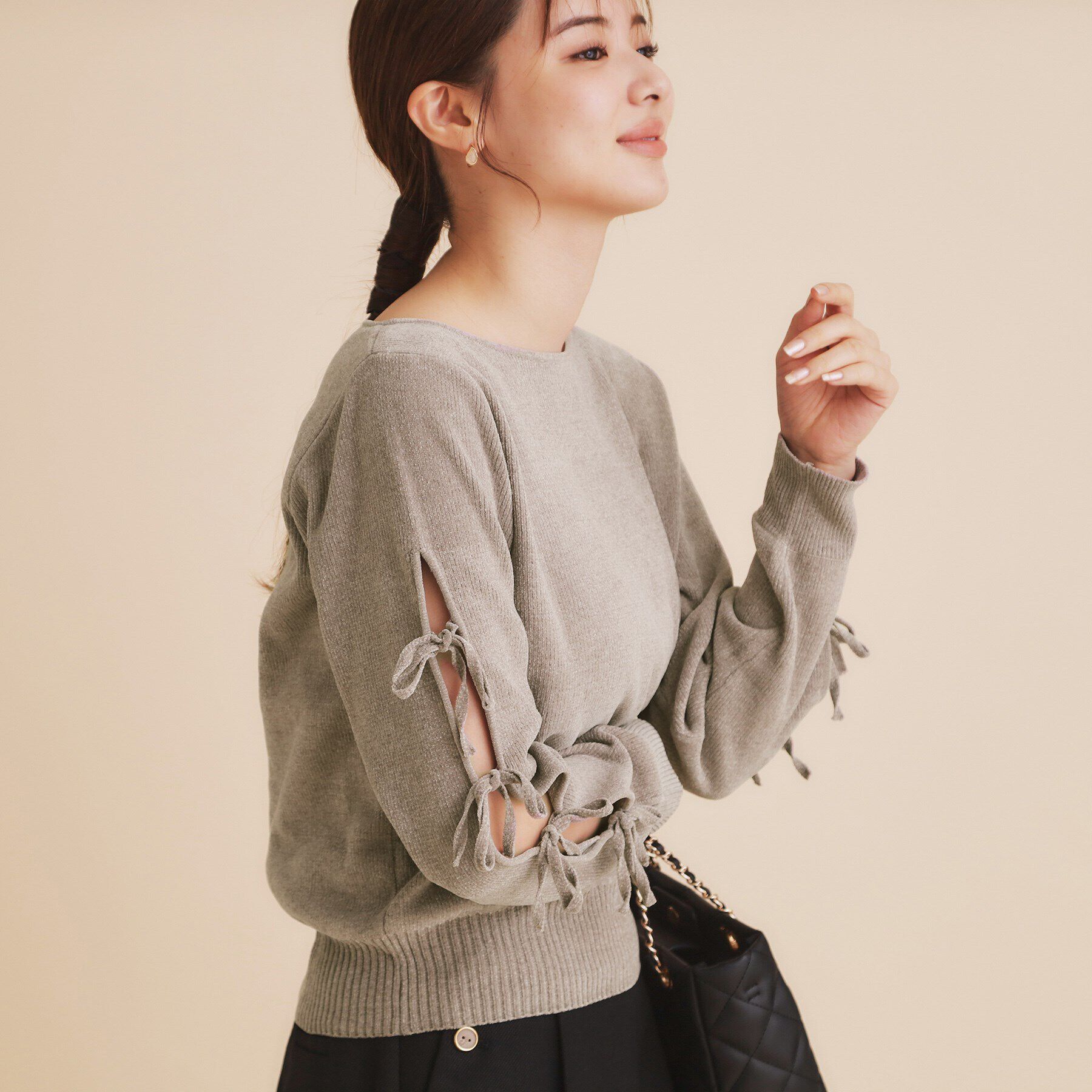 index「モールリボンスリーブニット【洗濯機洗い可】」|Tシャツ・カットソー|グレー(012)