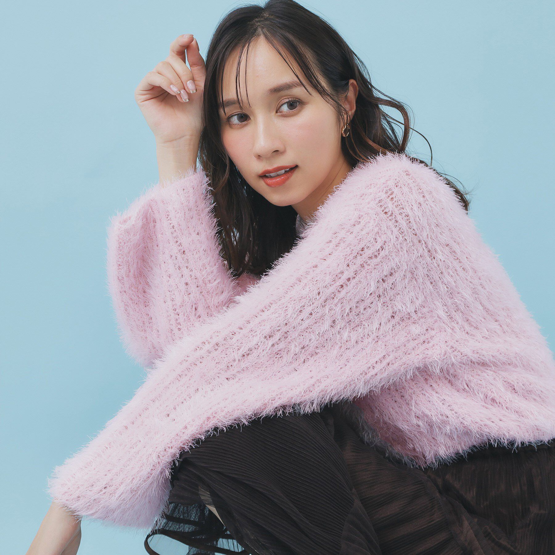 index「透かし編みショートフェザーニット【洗濯機OK】」|ニット・セーター|ライトピンク(070