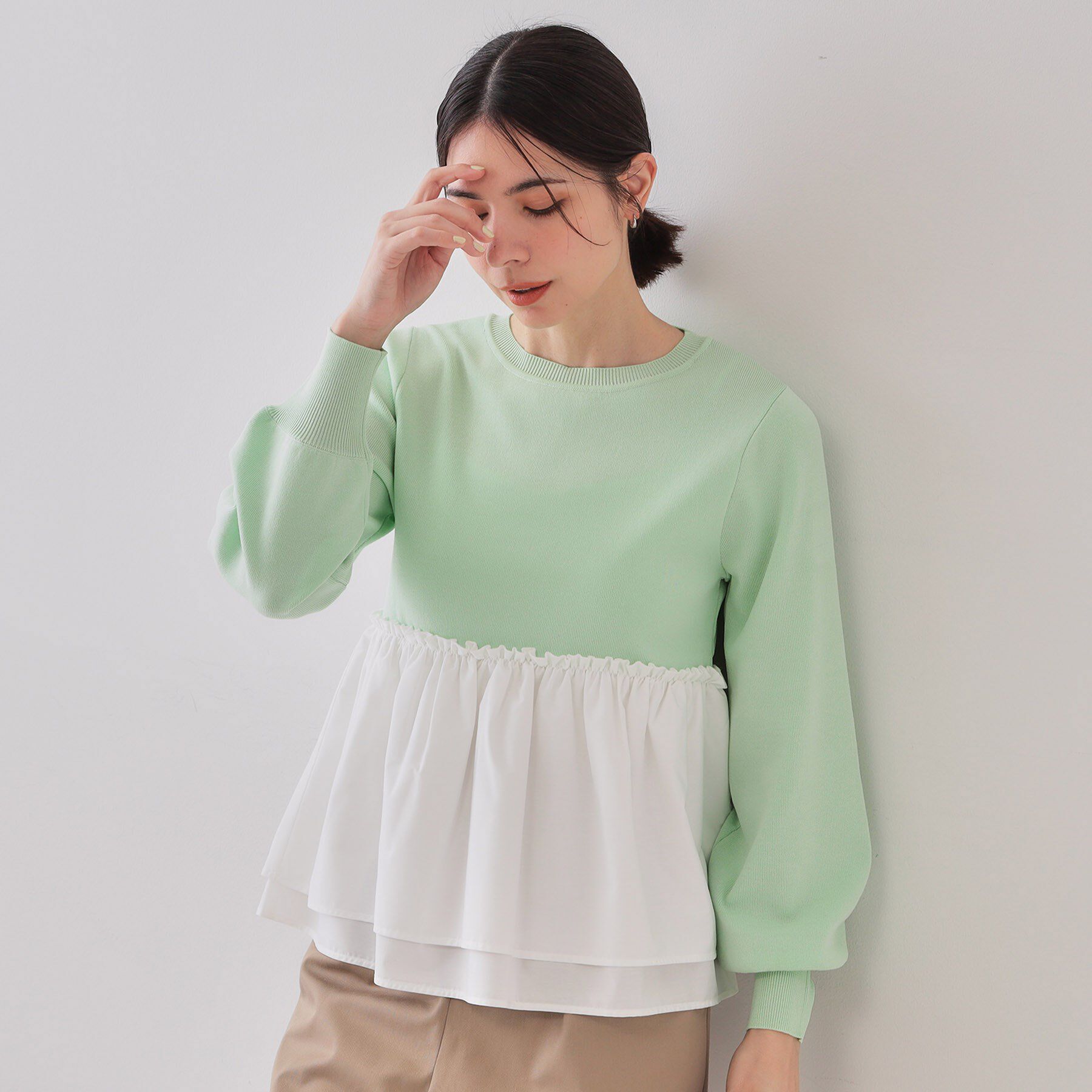OPAQUE.CLIP「配色ペプラムドッキングニット【洗濯機洗い可】」|Tシャツ・カットソー|ミントグリーン(52