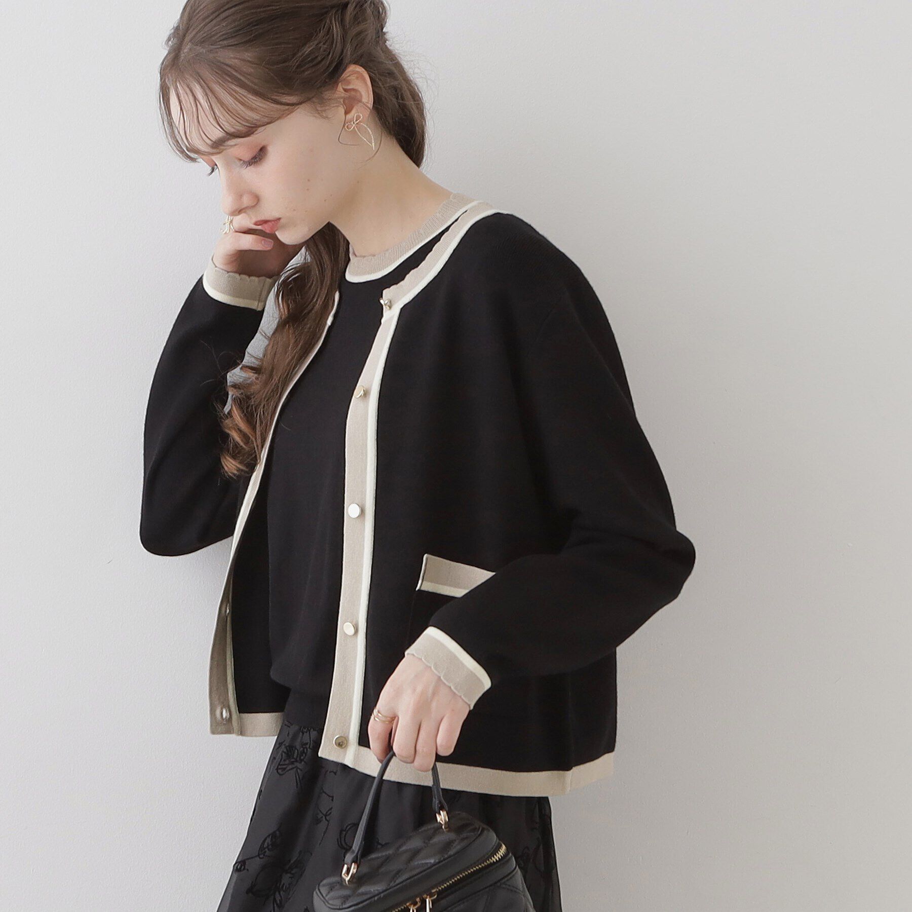 Couture broach「【高級感のあるベーシックカーデ】配色スカラニットジャケット」|カーディガン|