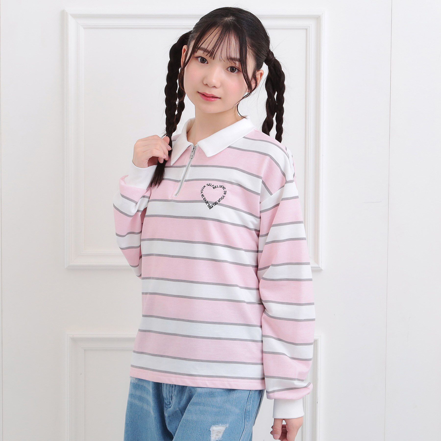 PINK-latte「衿付きビッグラガーシャツ」|ポロシャツ|