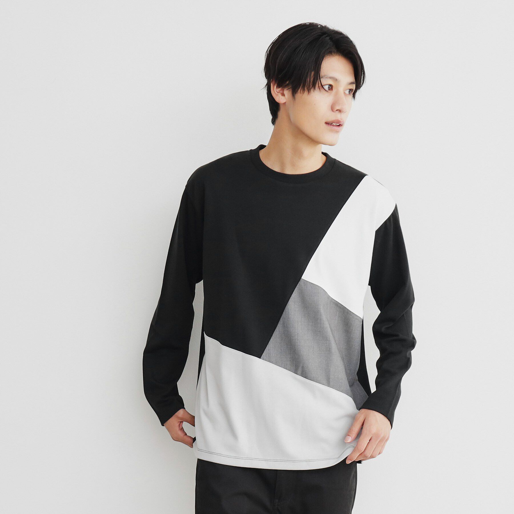 THE SHOP TK「異素材ブロッキング長袖Tシャツ」|Tシャツ・カットソー|ブラック(419)