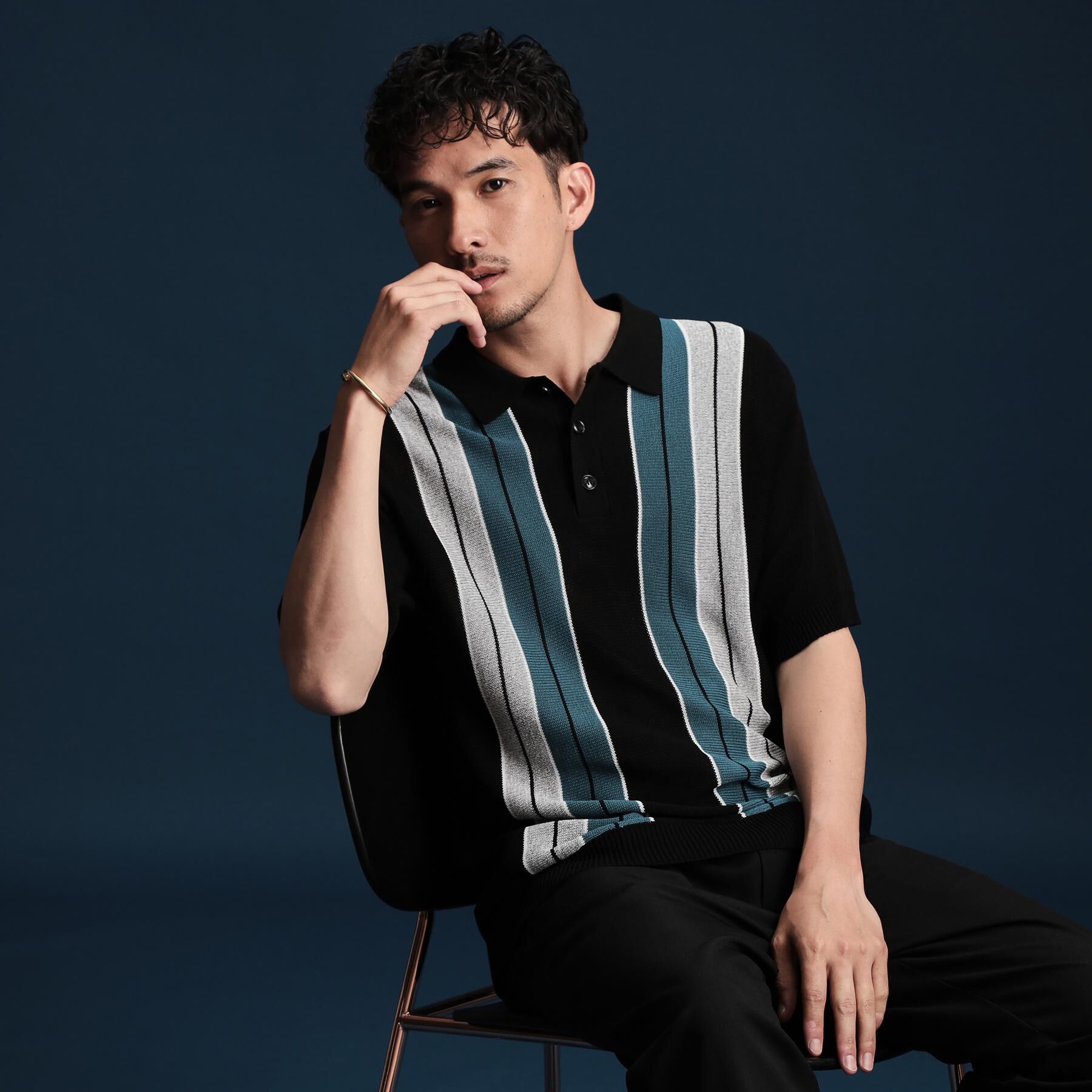 THE SHOP TK「【日本テレビ系　ダメマネ！出演　鈴木仁さん着用】マルチストライプニットポロシャツ」|ポロシャツ|ブルーグリーン(39