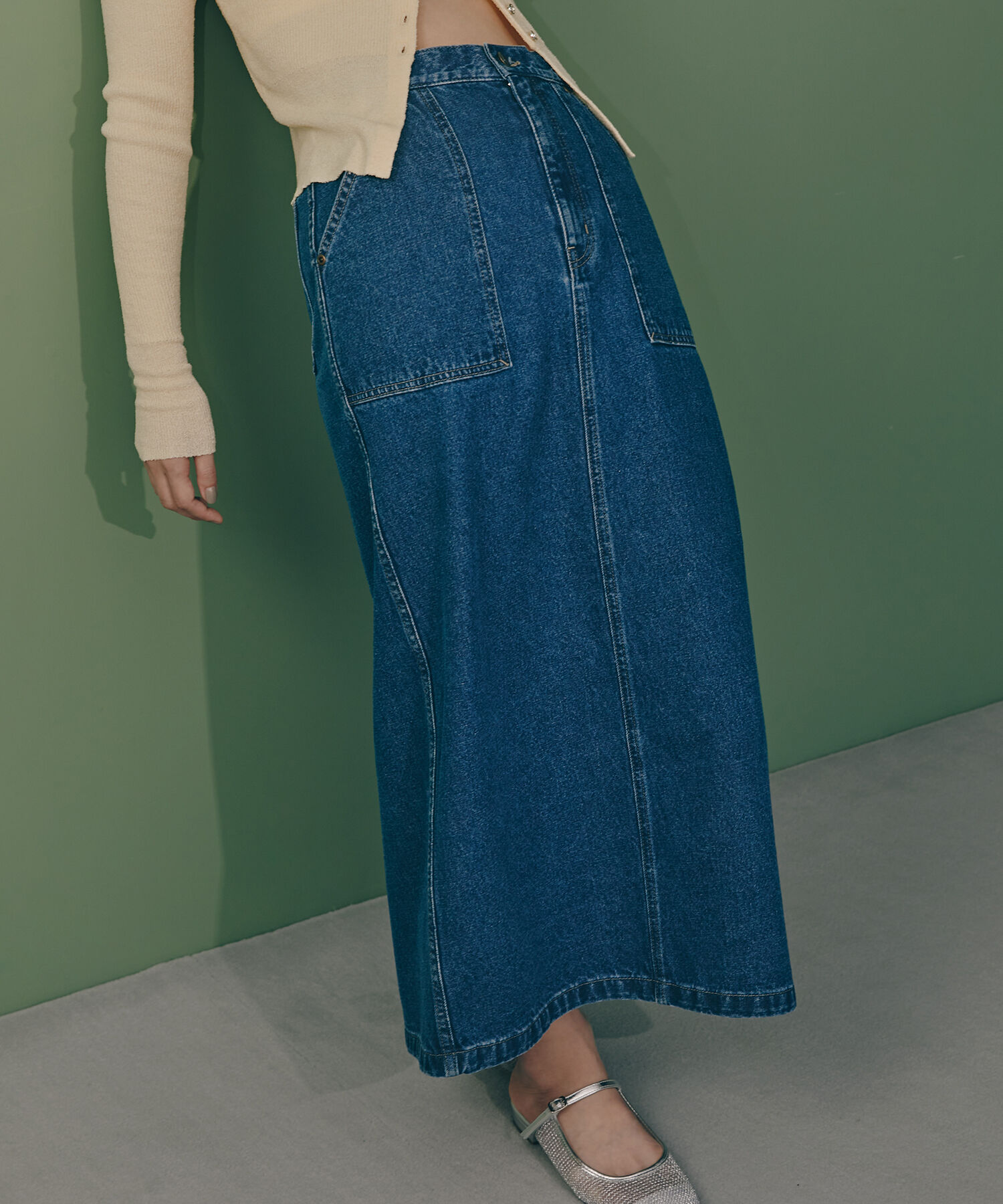  「ポケットデニムロングスカート」|スカート|ミッドブルー1