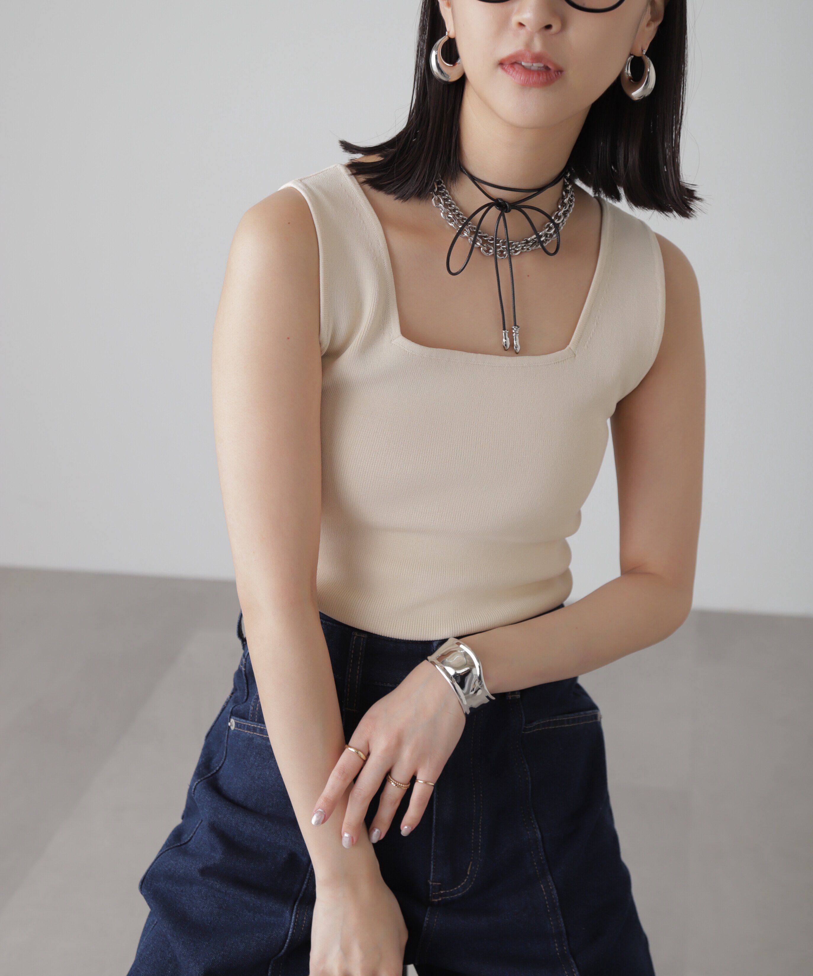  「［洗える］マシンウォッシャブル総針スクエアネックタンクニット」|ニット・セーター|オフ