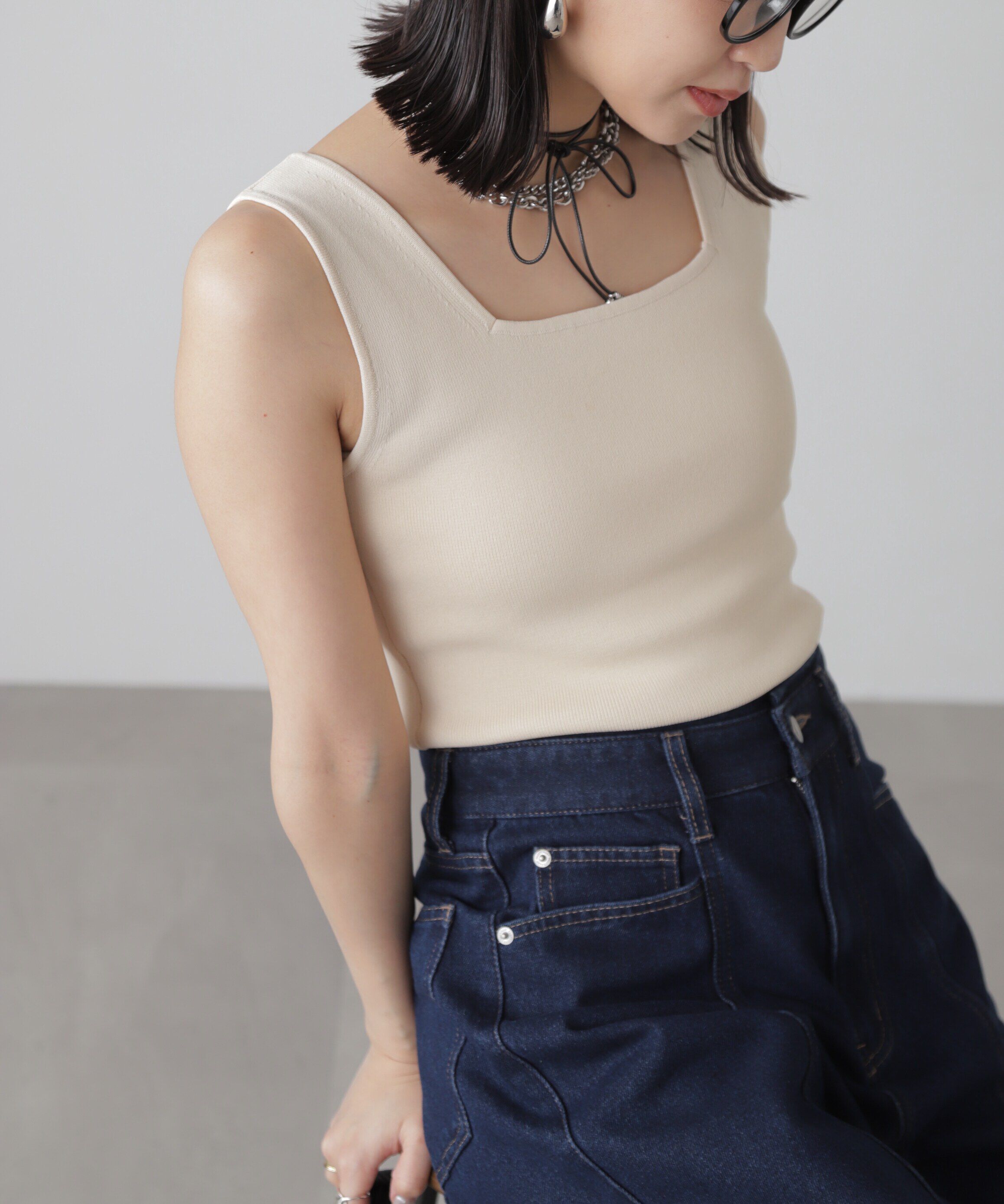  「［洗える］マシンウォッシャブル総針スクエアネックタンクニット」|ニット・セーター|