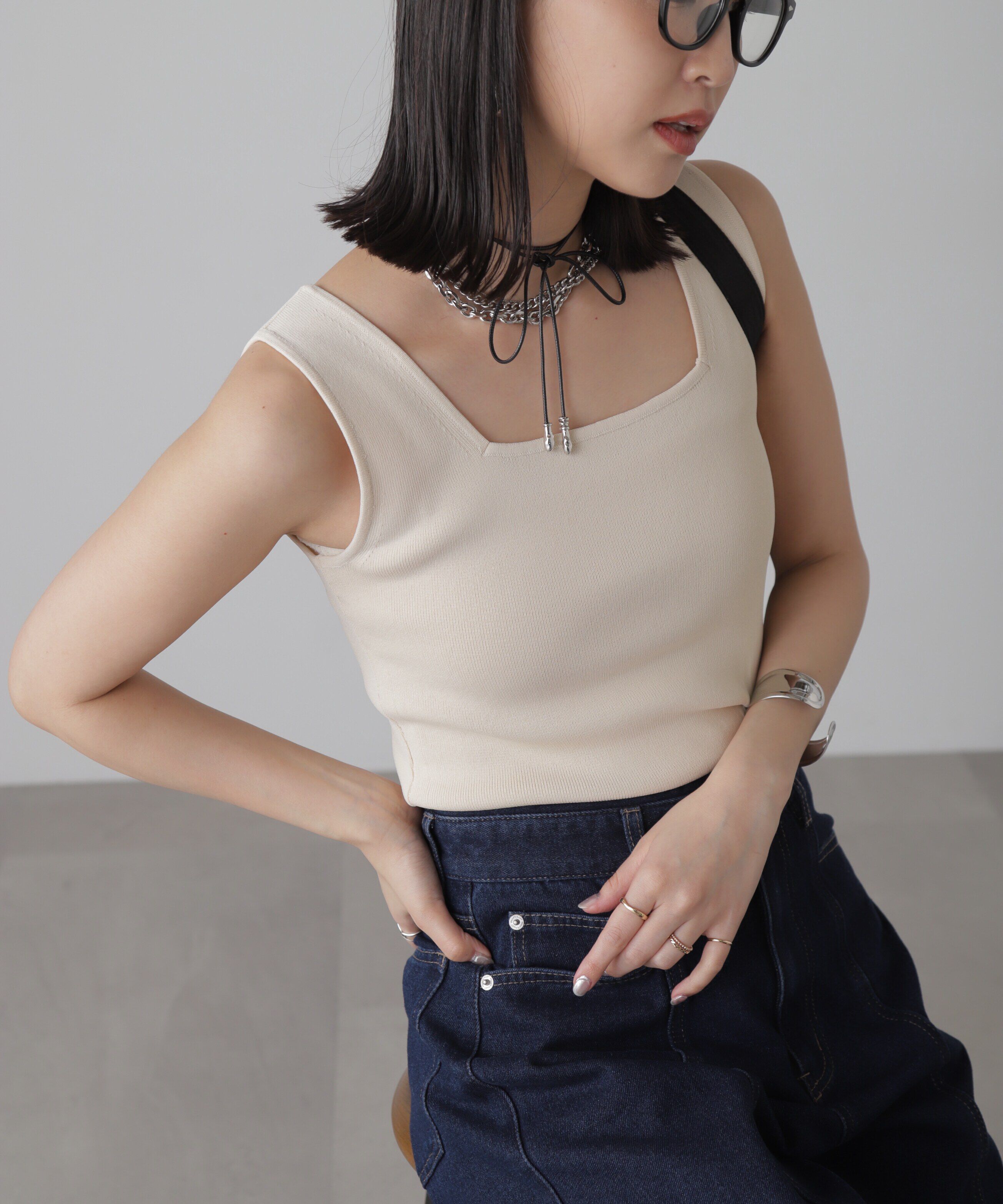  「［洗える］マシンウォッシャブル総針スクエアネックタンクニット」|ニット・セーター|