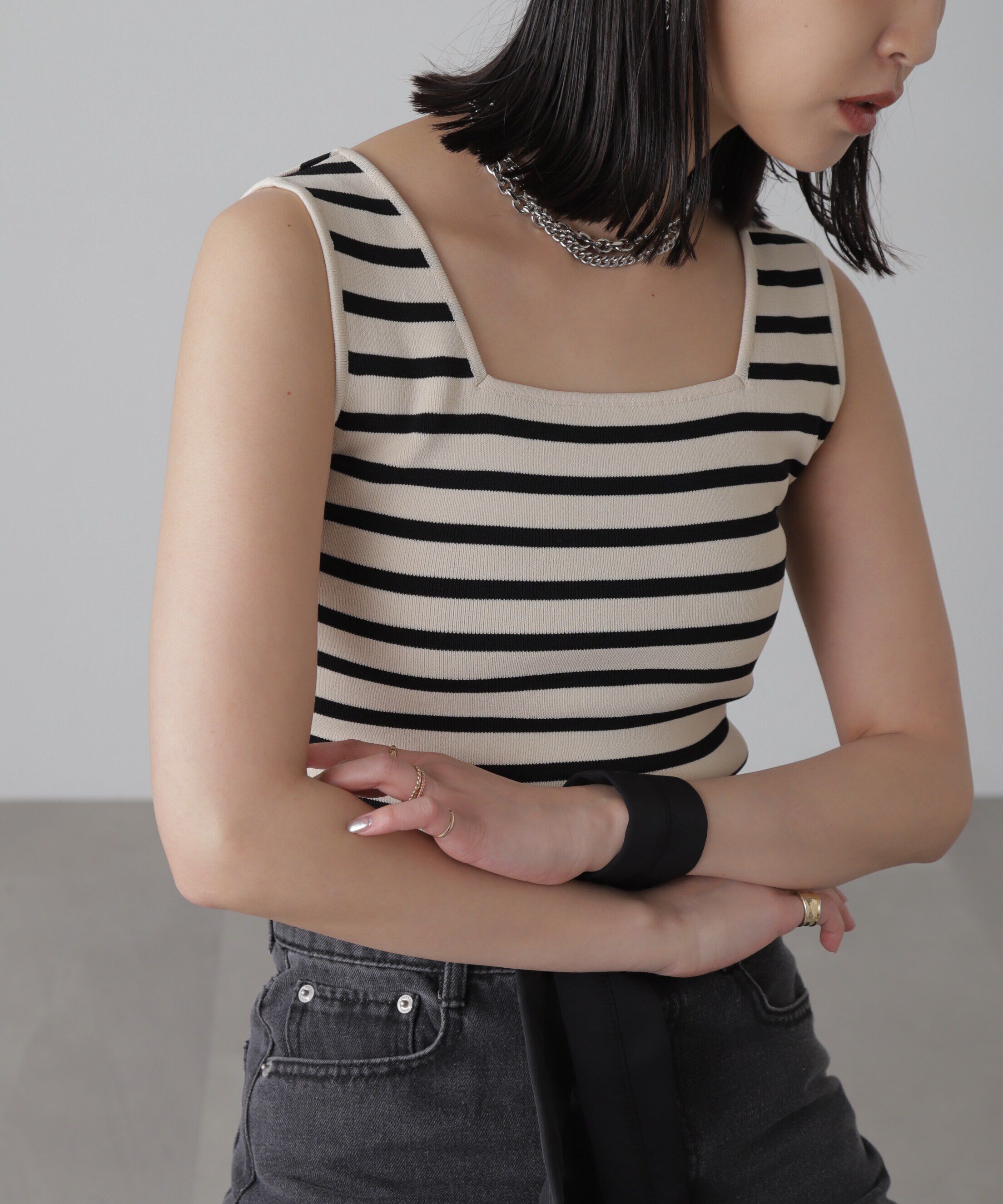  「［洗える］マシンウォッシャブル総針スクエアネックタンクニット」|ニット・セーター|