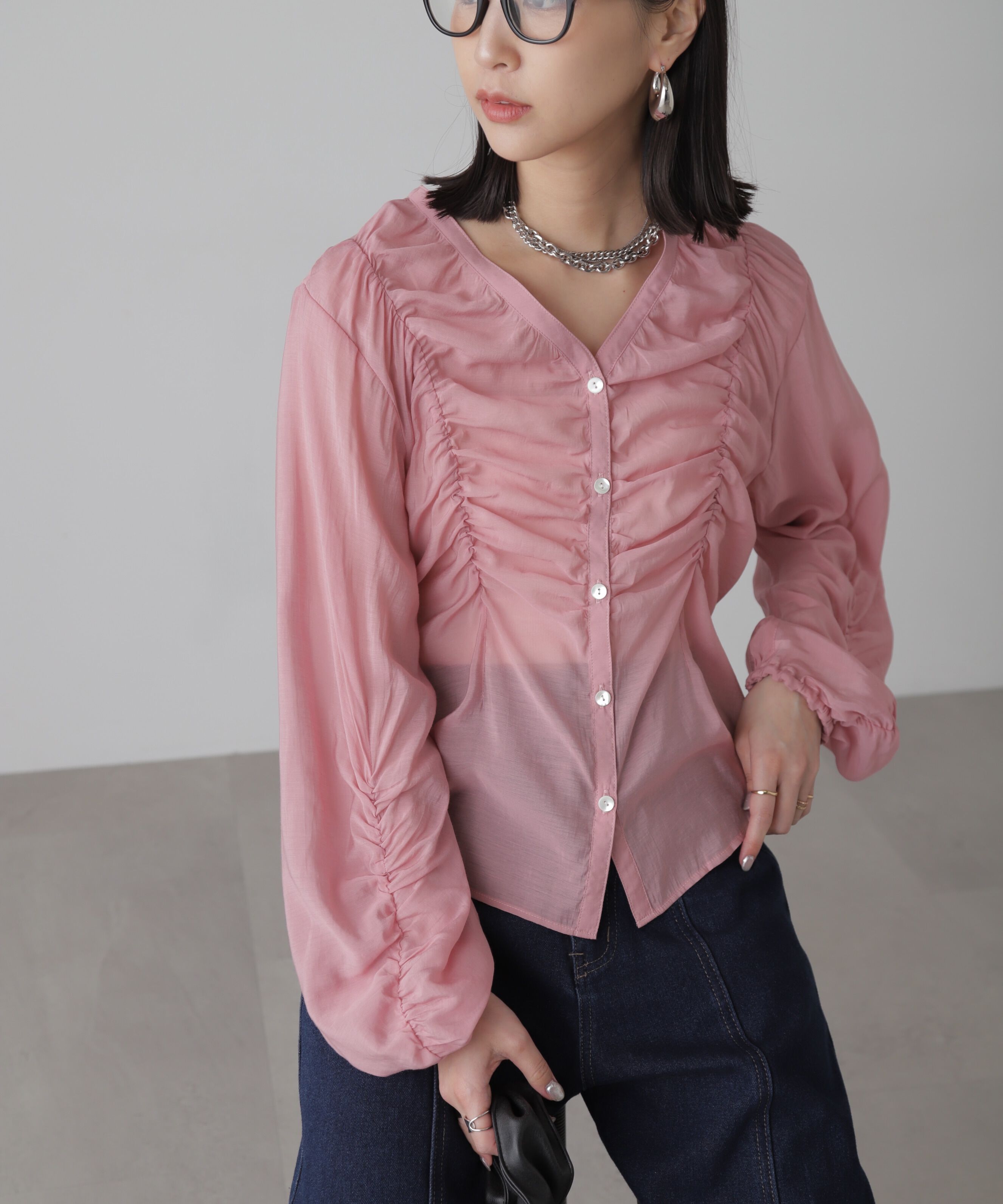  「Vネックシャーリングブラウス」|シャツ・ブラウス|ピンク