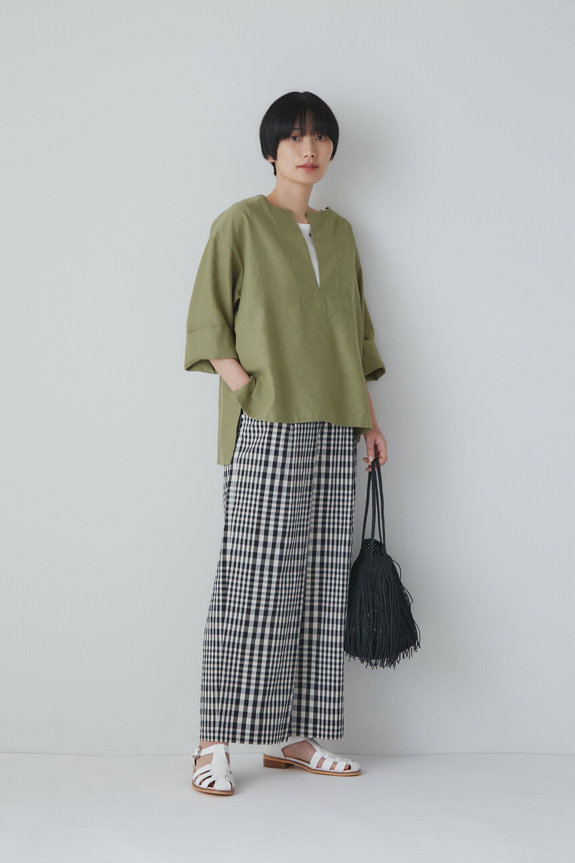  「◆綿麻チェックセミワイドパンツ」|その他|