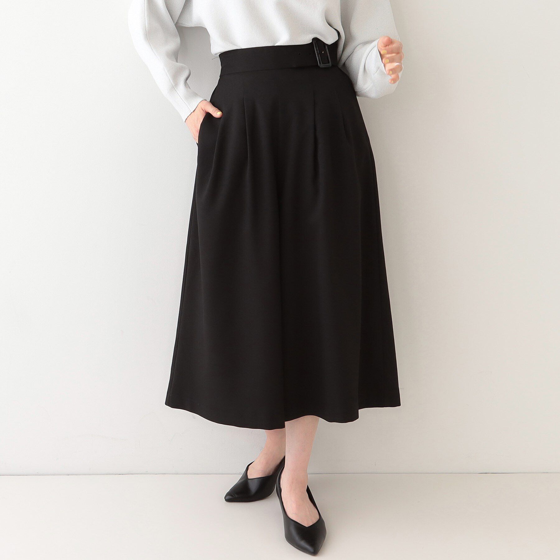 SHOO･LA･RUE「【S-LL/体型カバー】オンオフ兼用 ベルト風ガウチョパンツ」|その他|ブラック(019)