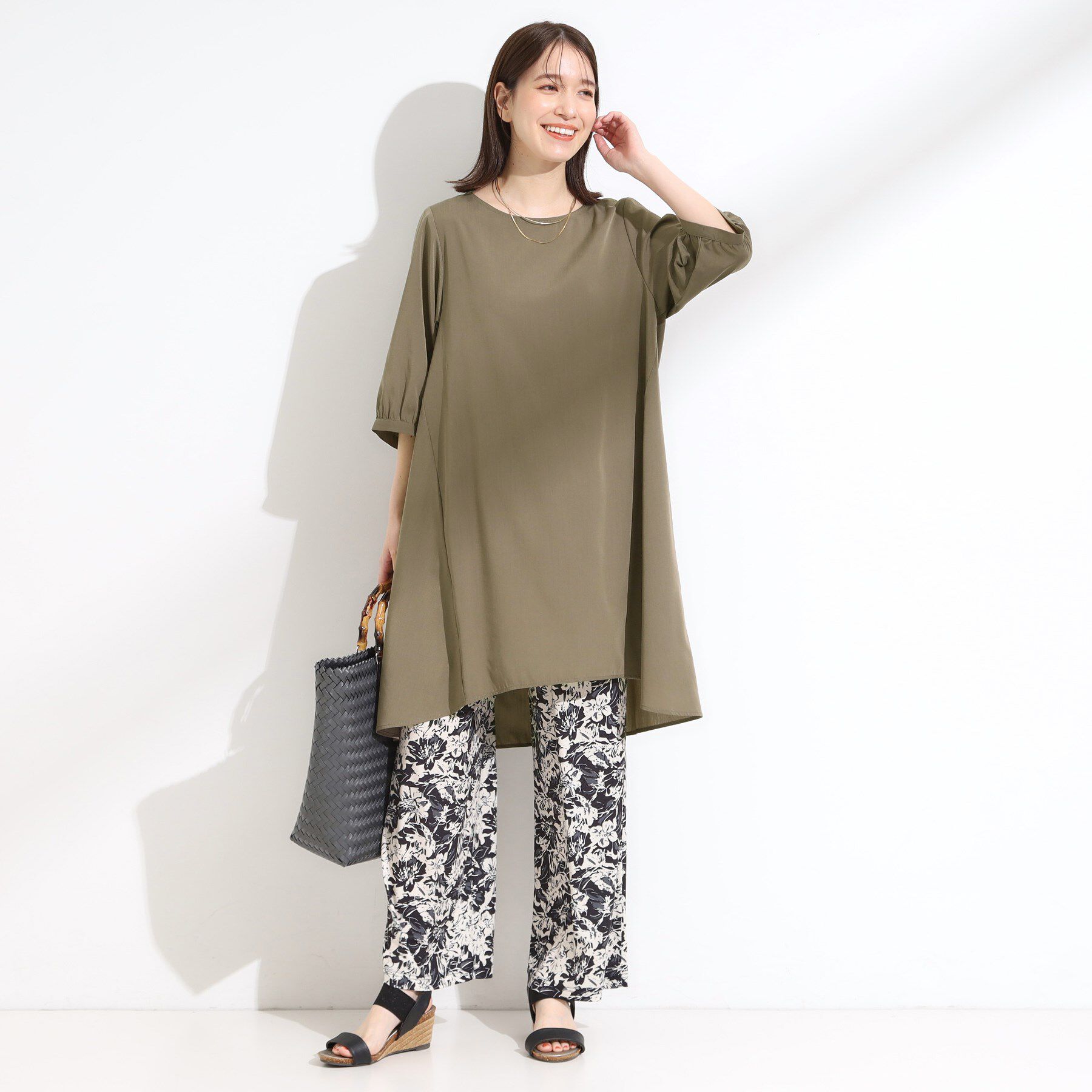 SHOO･LA･RUE「【S-LL/洗濯後しわになりにくい/UV/6分袖】コットン風 Aラインチュニックワンピース」|チュニック|