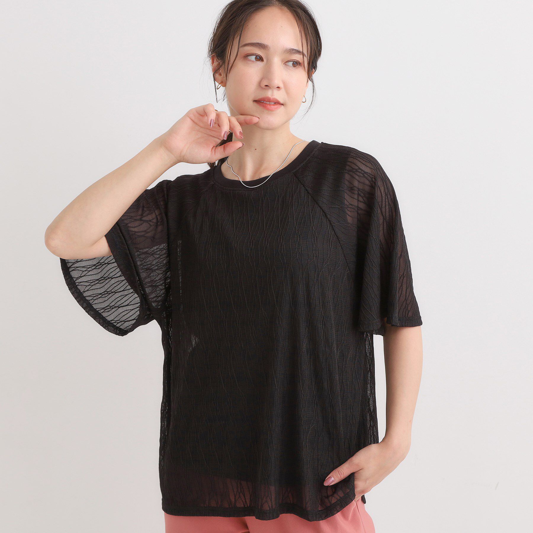 SHOO･LA･RUE「【S-LL/二の腕カバー】ウエーブ柄 インナードッキングトップス」|Tシャツ・カットソー|ブラック(019)