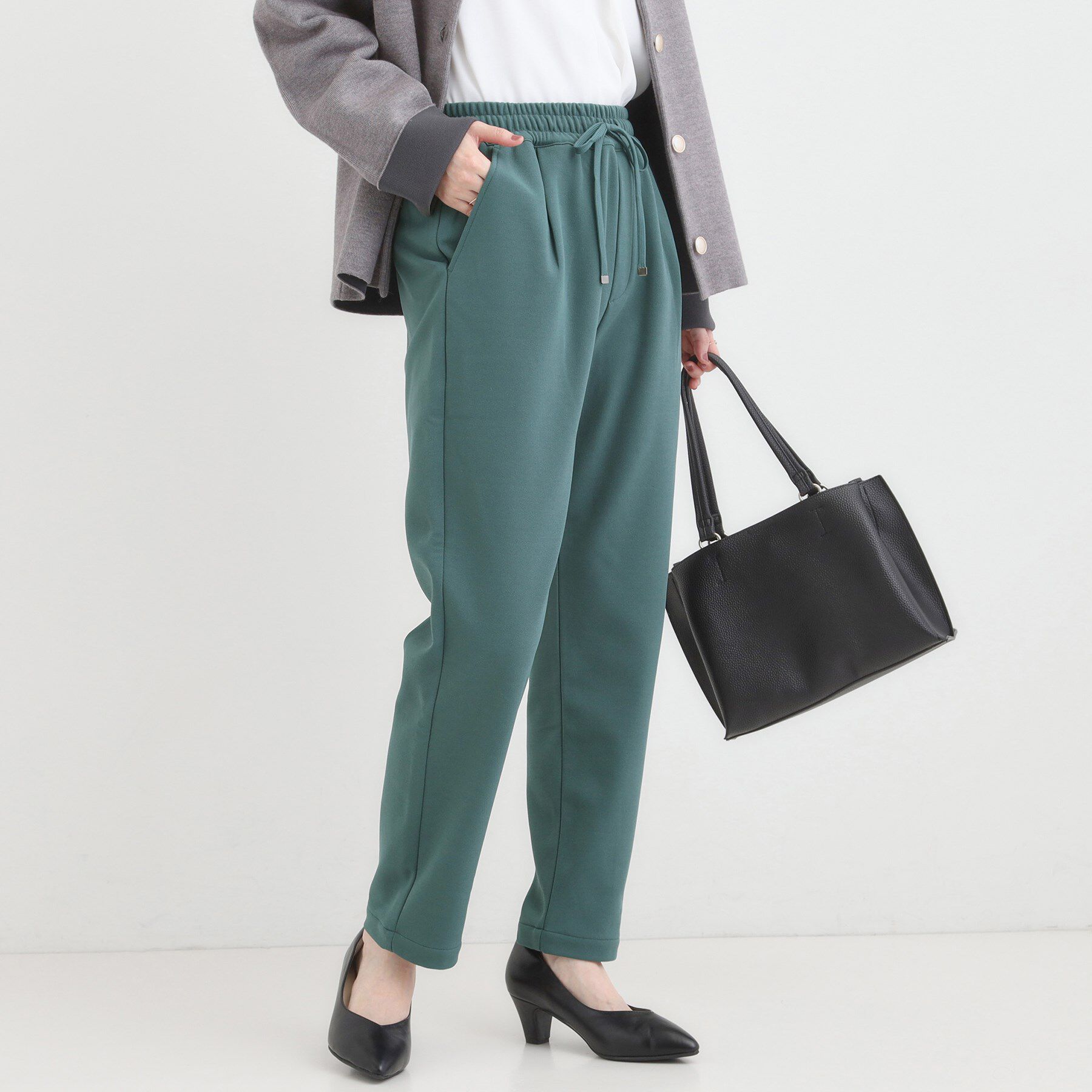 SHOO･LA･RUE「【S-LL/股上深め】裏起毛スマートイージーパンツ」|その他|グリーン(024)