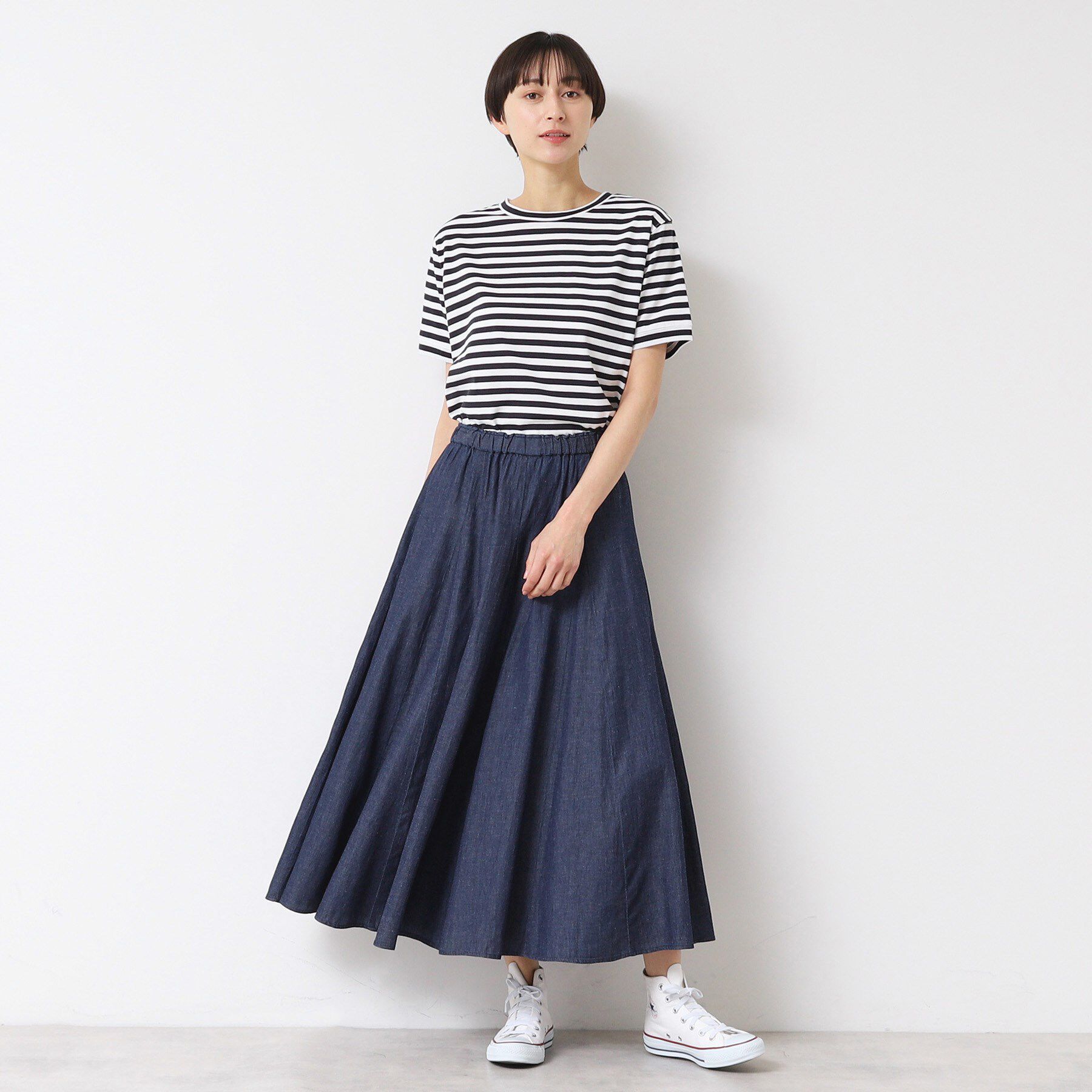Dessin「【ウエストゴム・洗える】綿麻デニムフレアースカート」|スカート|