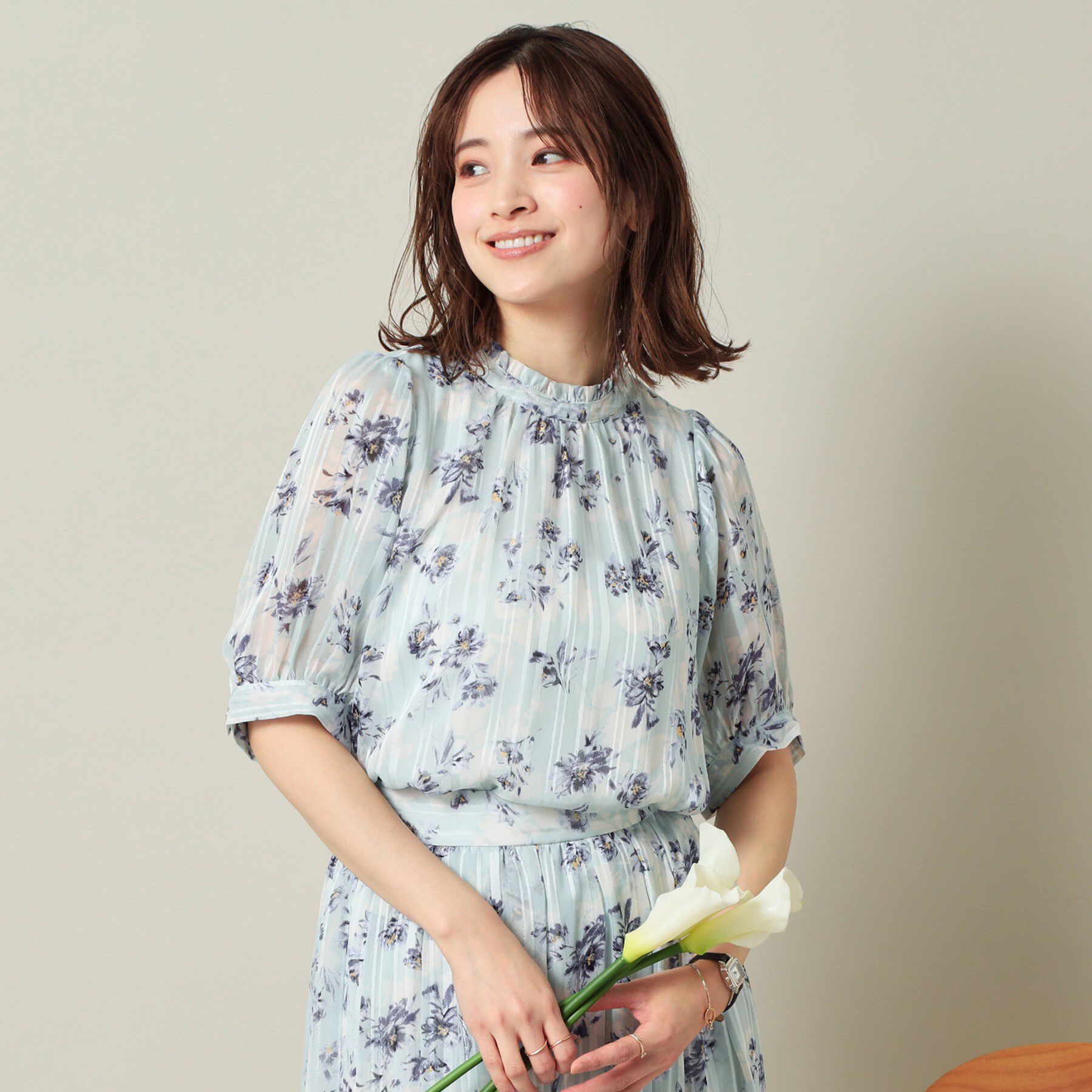 ITS&rsquo;DEMO「【手洗い可／M・Lサイズ展開】ラメストライプ花柄5分袖ブラウス」|シャツ・ブラウス|ミントグリーン(12