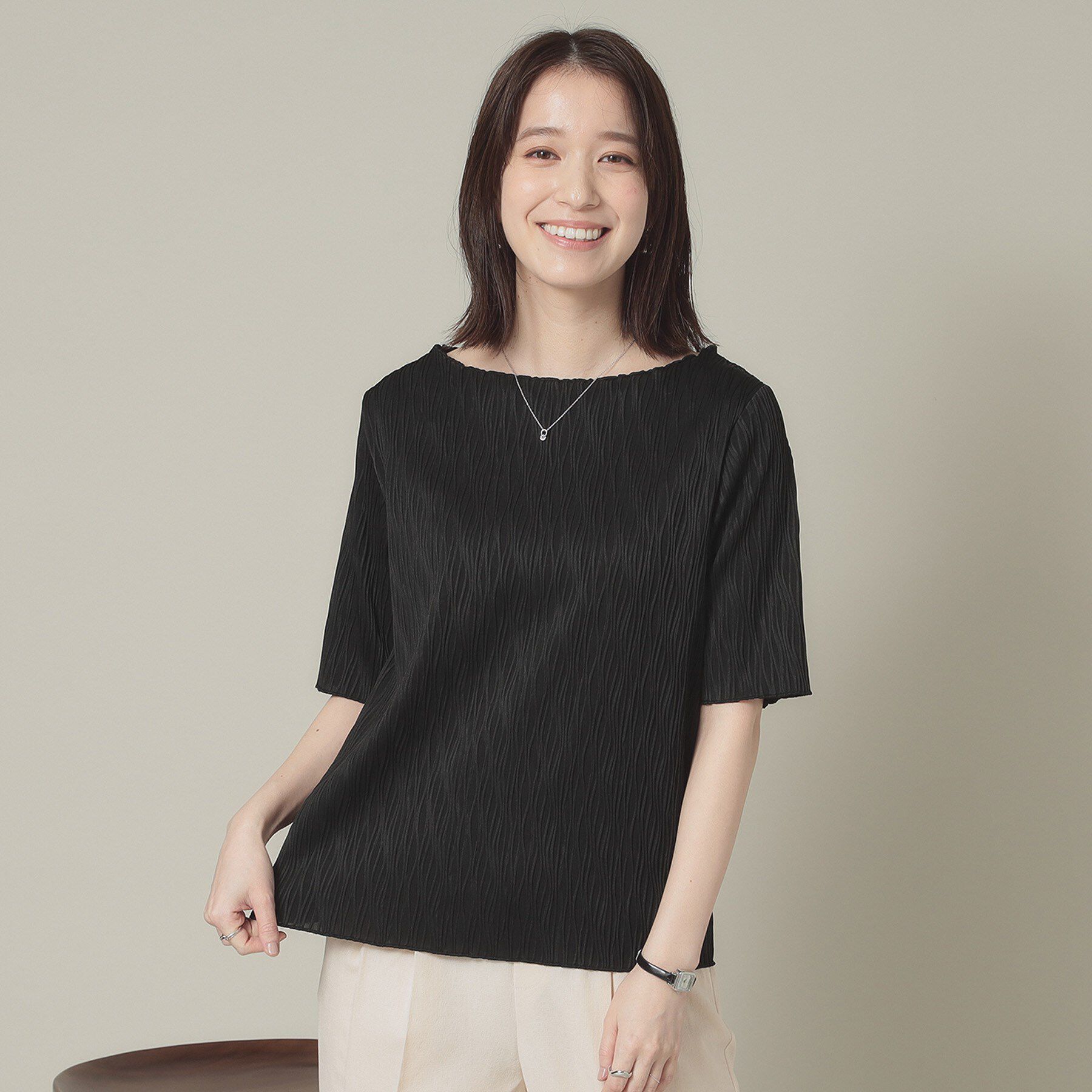 ITS&rsquo;DEMO「【洗濯機OK】ジャカード5分袖プルオーバー」|Tシャツ・カットソー|ブラック(019)