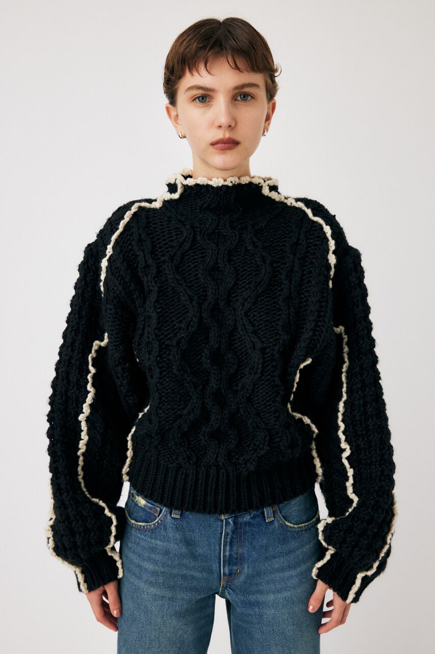 MOUSSY「STITCH CABLE ニット」|ニット・セーター|BLK