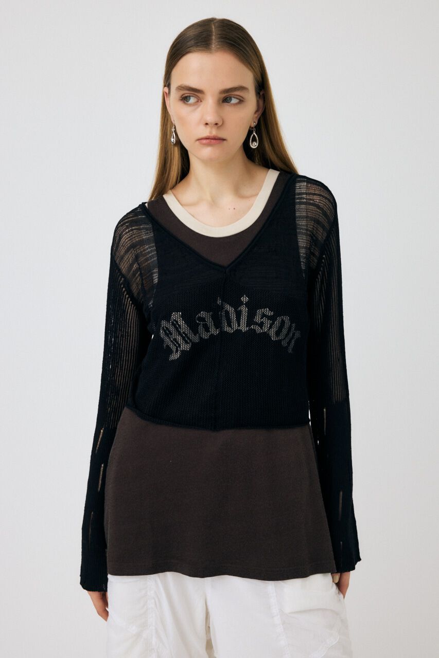 MOUSSY「MESH V NECK ニットトップス」|ニット・セーター|BLK