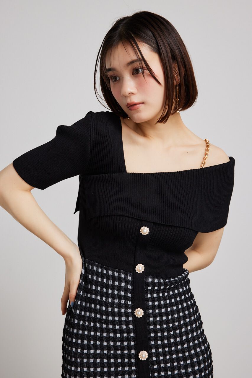 rienda「アシンメトリーツイードハーフKnit OP」|ワンピース|