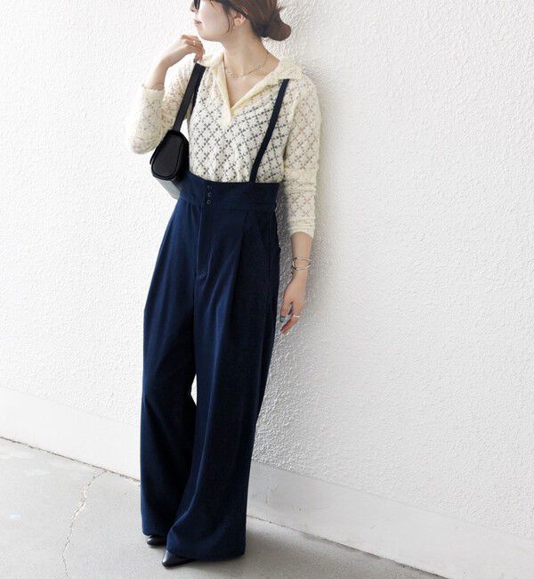 SHIPS any「SHIPS any:〈手洗い可能〉コーデュロイ サスペンダー付 ハイウエスト ワイド パンツ」|その他|ネイビー