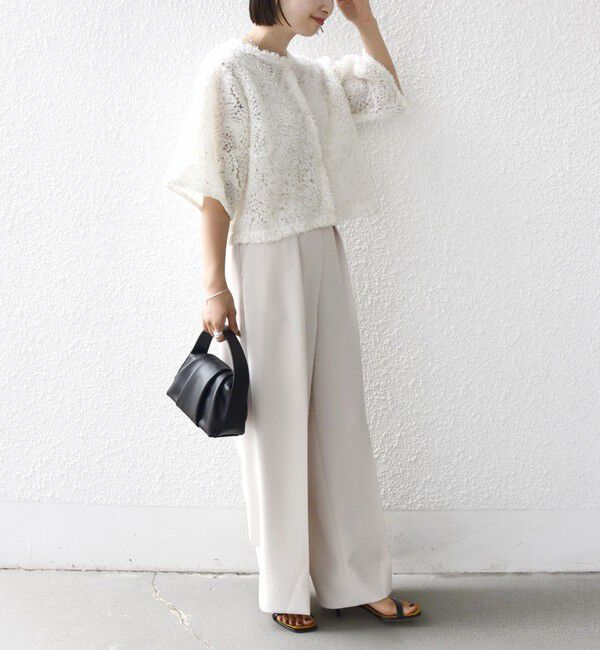 SHIPS for women「little black:〈手洗い可能〉パール 釦 フリル チュール 半袖 ブラウス」|シャツ・ブラウス|