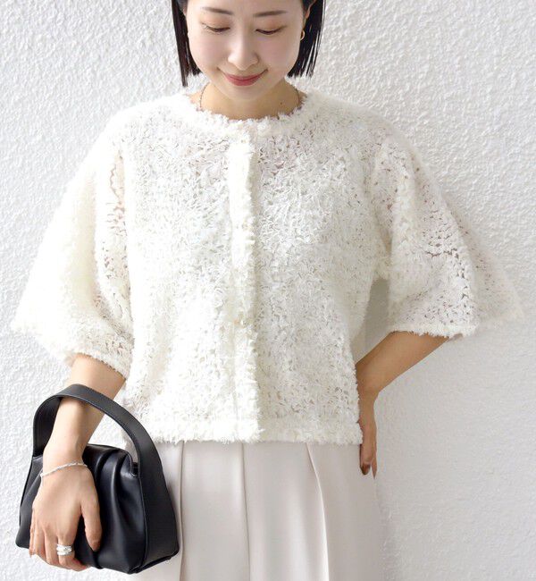 SHIPS for women「little black:〈手洗い可能〉パール 釦 フリル チュール 半袖 ブラウス」|シャツ・ブラウス|