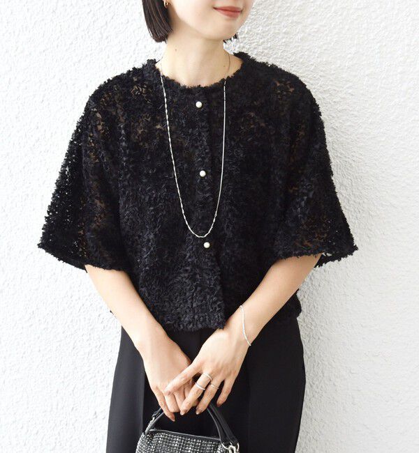 SHIPS for women「little black:〈手洗い可能〉パール 釦 フリル チュール 半袖 ブラウス」|シャツ・ブラウス|ブラック