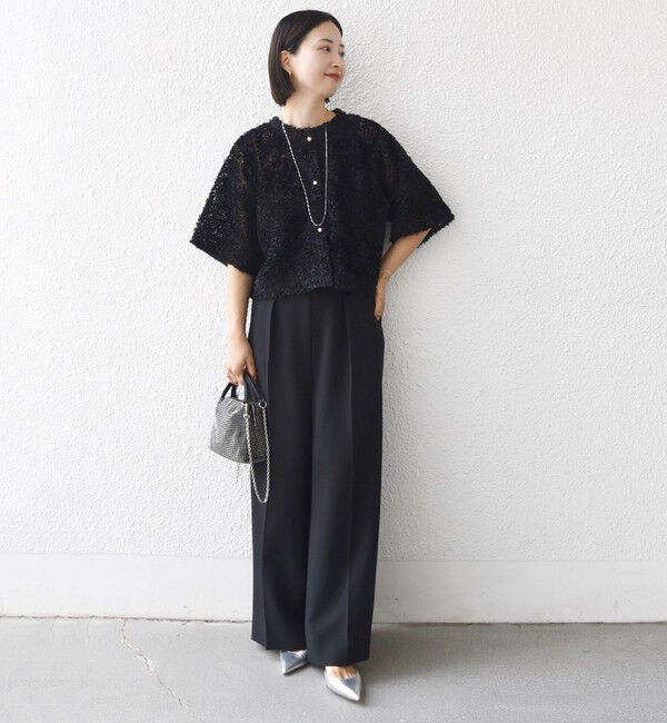 SHIPS for women「little black:〈手洗い可能〉パール 釦 フリル チュール 半袖 ブラウス」|シャツ・ブラウス|