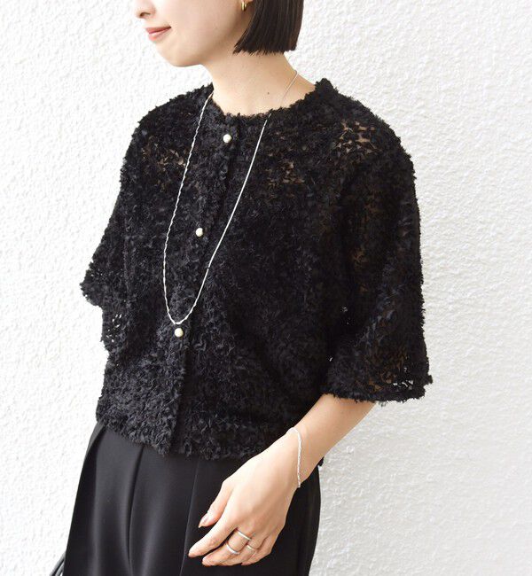 SHIPS for women「little black:〈手洗い可能〉パール 釦 フリル チュール 半袖 ブラウス」|シャツ・ブラウス|