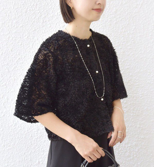 SHIPS for women「little black:〈手洗い可能〉パール 釦 フリル チュール 半袖 ブラウス」|シャツ・ブラウス|