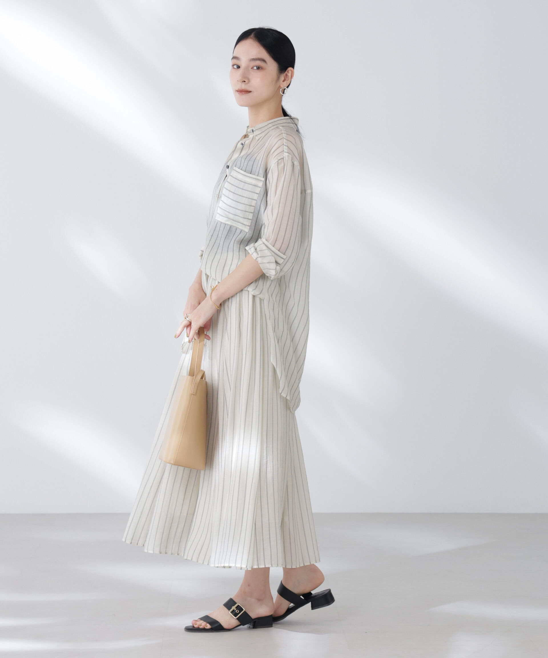 nano･universe「シアーストライプオーバーサイズロングシャツ(セットアップ可)」|シャツ・ブラウス|