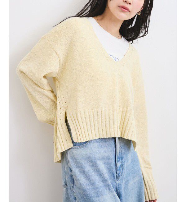 VIS「深Vネックミックスニットプルオーバー」|ニット・セーター|イエロー