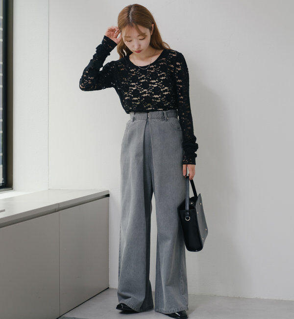  「【3サイズ】デニムタックワイドパンツ」|デニム|