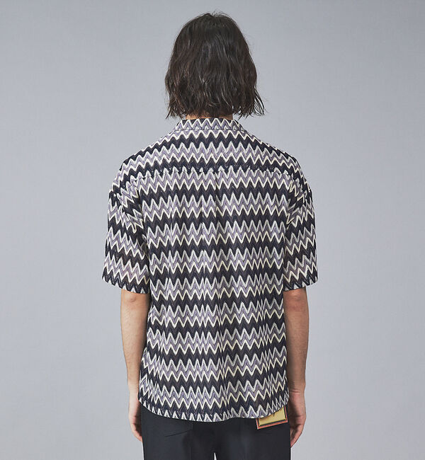 ABAHOUSE「【Revo.】透かし編みニットオープンカラーヘリンボーン半端袖シャツ」|シャツ・ブラウス|