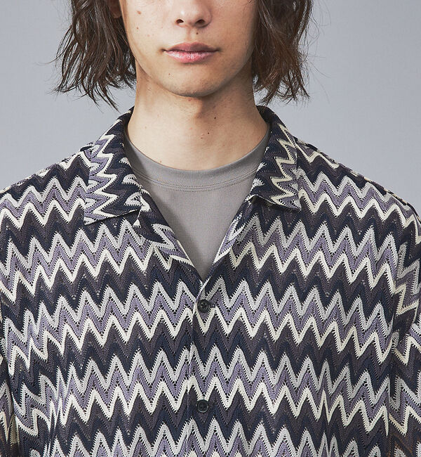 ABAHOUSE「【Revo.】透かし編みニットオープンカラーヘリンボーン半端袖シャツ」|シャツ・ブラウス|