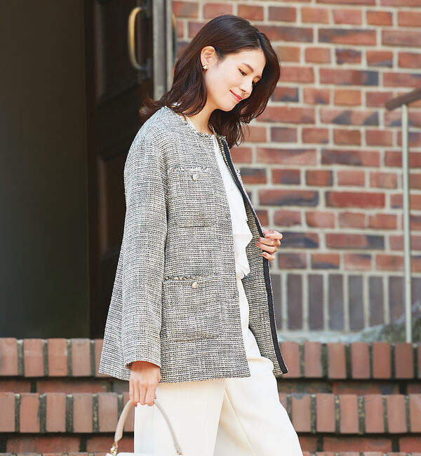 abahouse mavie「ツィードオーバージャケット」|ノーカラージャケット|